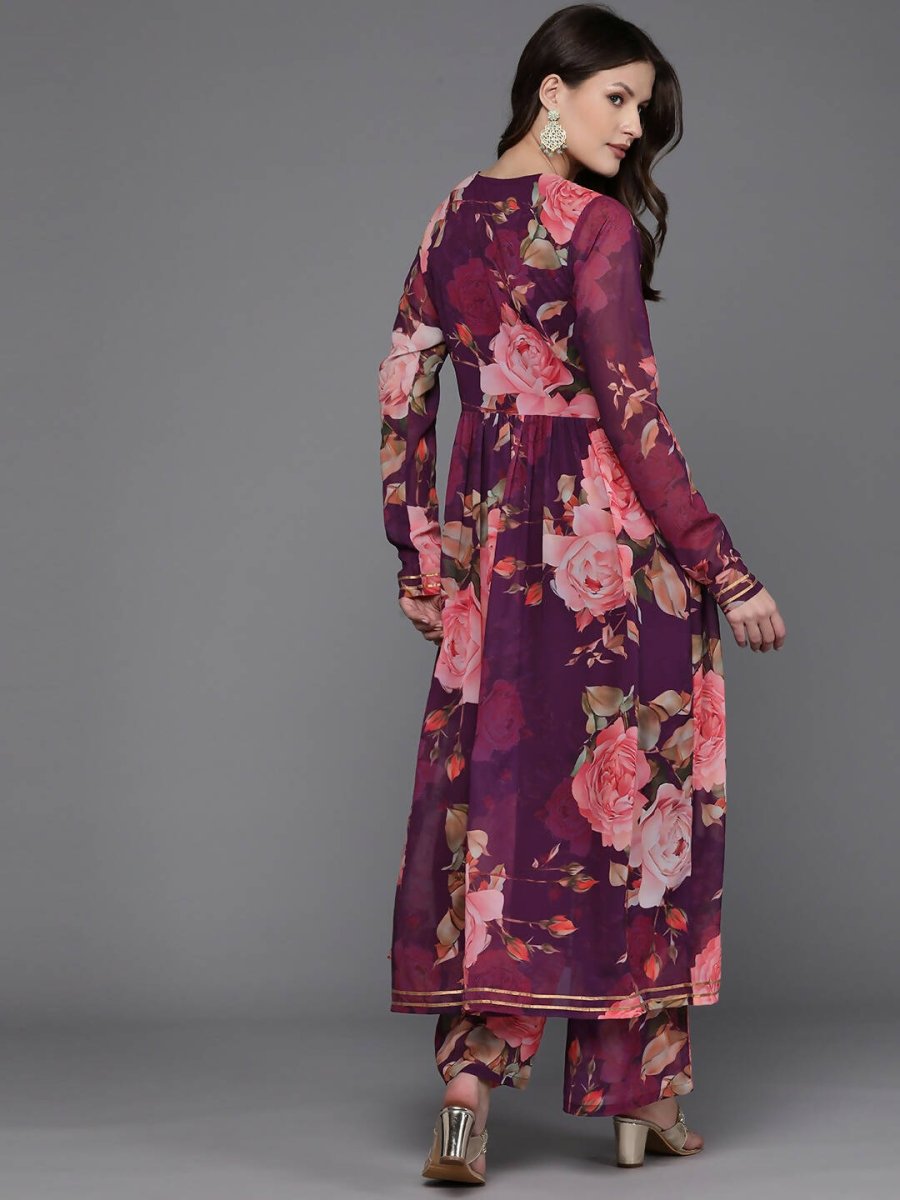 Ahalyaa Women Floral Printed Angrakha Kurta with Palazzos - Burgundy Color | Grocsy