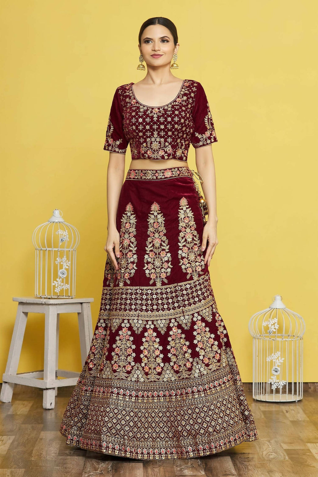 Maroon Velvet Semi-Stitched Wedding Bridal Lehenga - Nimaya | Grocsy