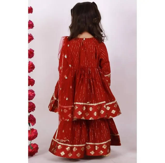Little Bansi Girls Maroon Color Brocade patch work Kurta Frock with Sharara and Dupatta | Grocsy