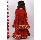 Little Bansi Girls Maroon Color Brocade patch work Kurta Frock with Sharara and Dupatta | Grocsy