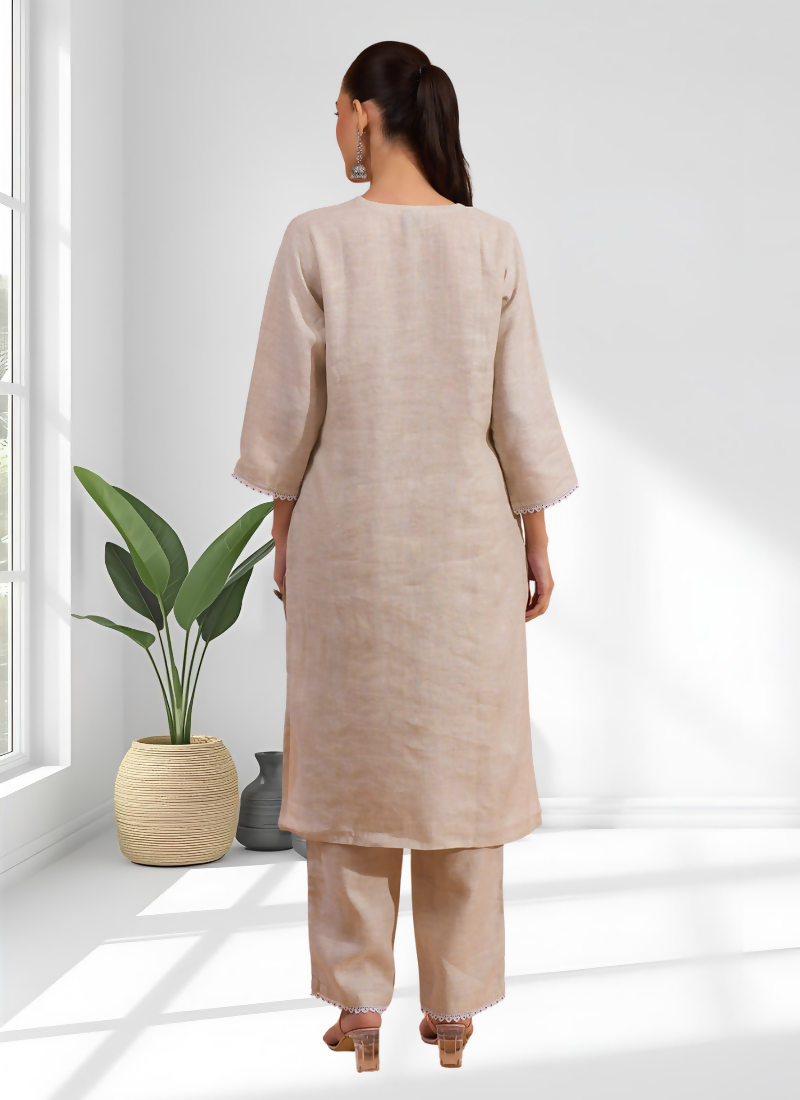 Joban Fashion Beige Linen Embroidered Readymade Long Kurta With Pant | Grocsy