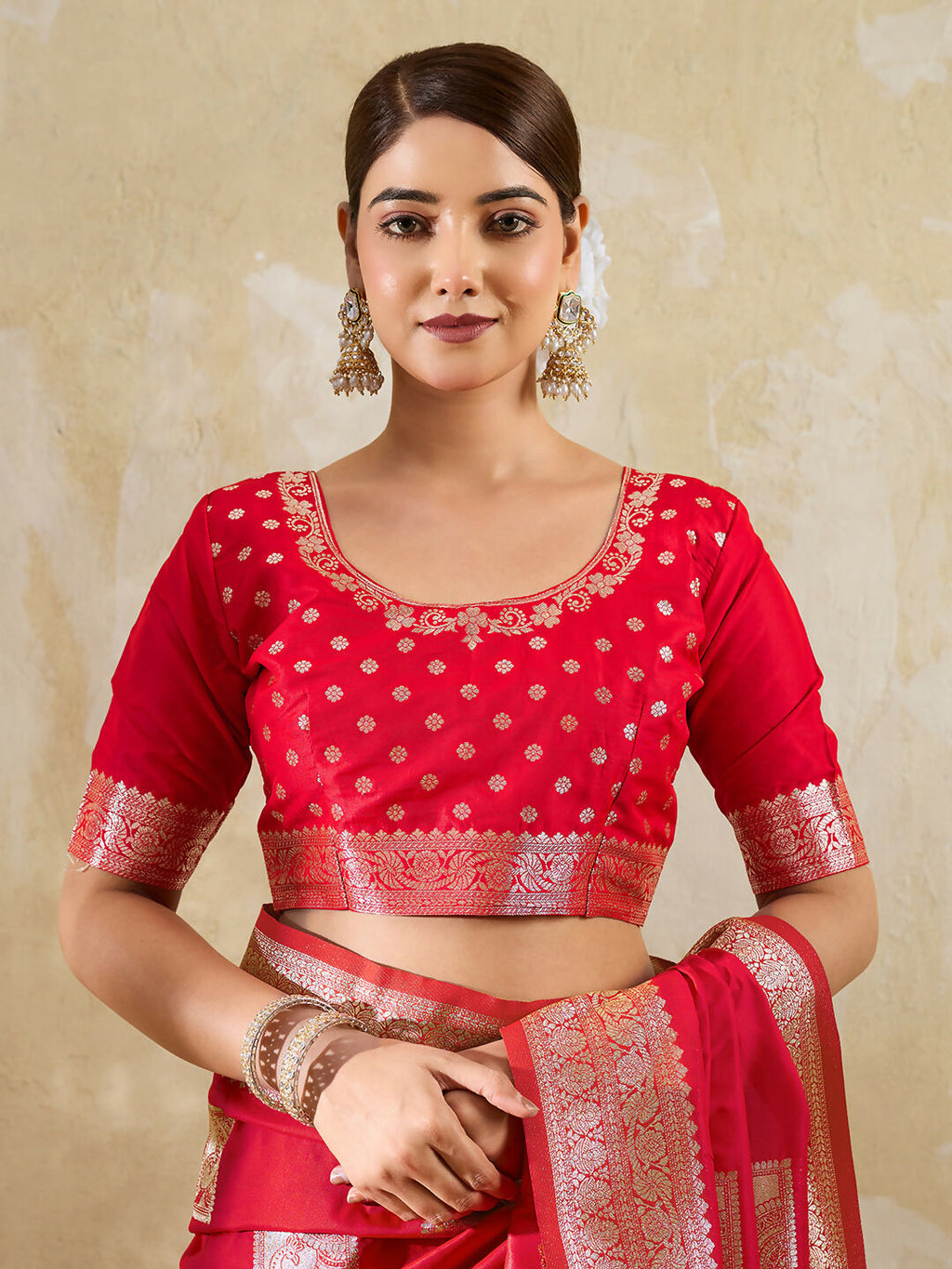 Shree Shyam Fashion Red Silk Blend Saree | Grocsy