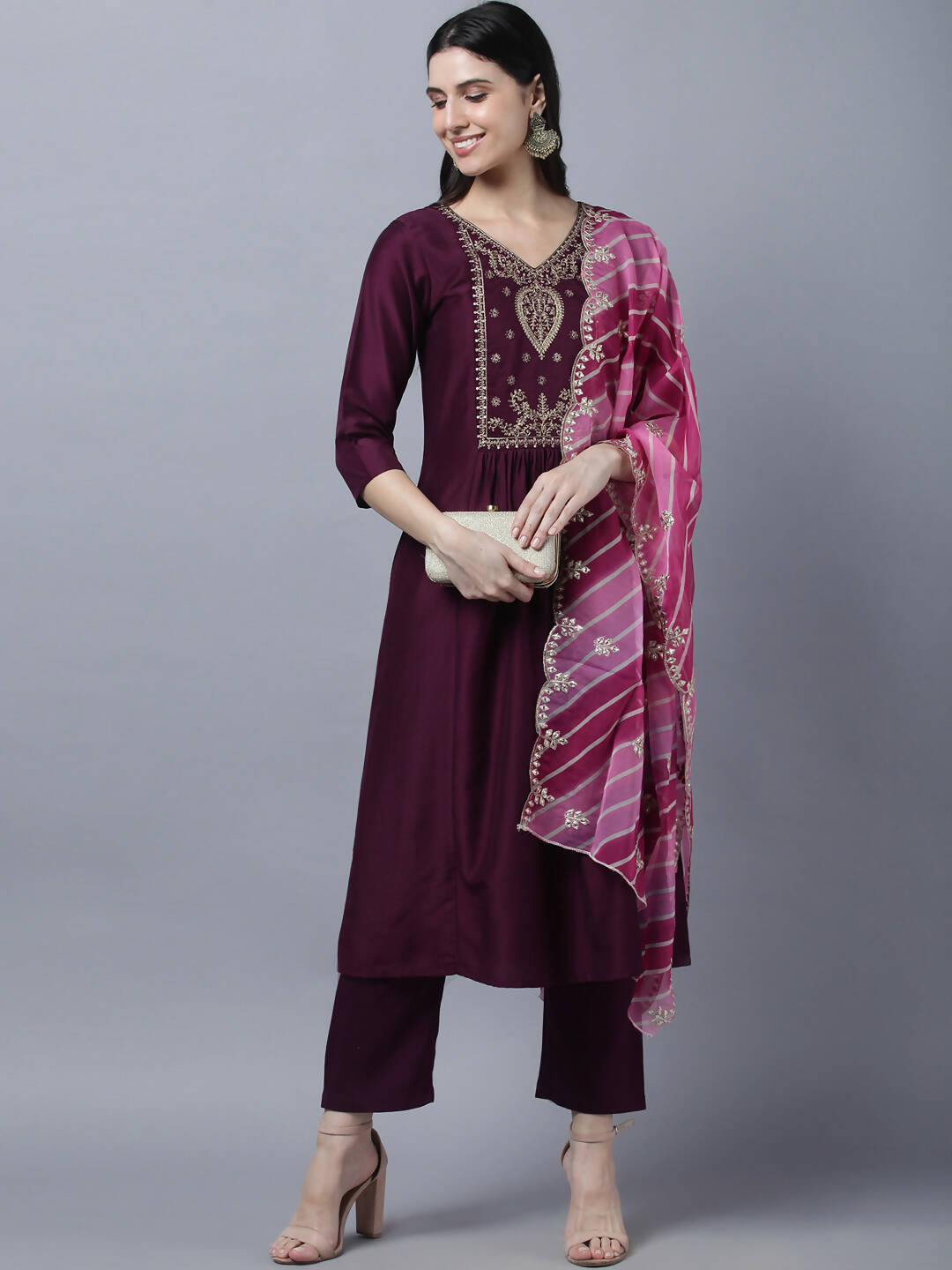 Myshka Stylish Maroon 3/4 Sleeve Women's Kurta Pant with Dupatta Set | Grocsy