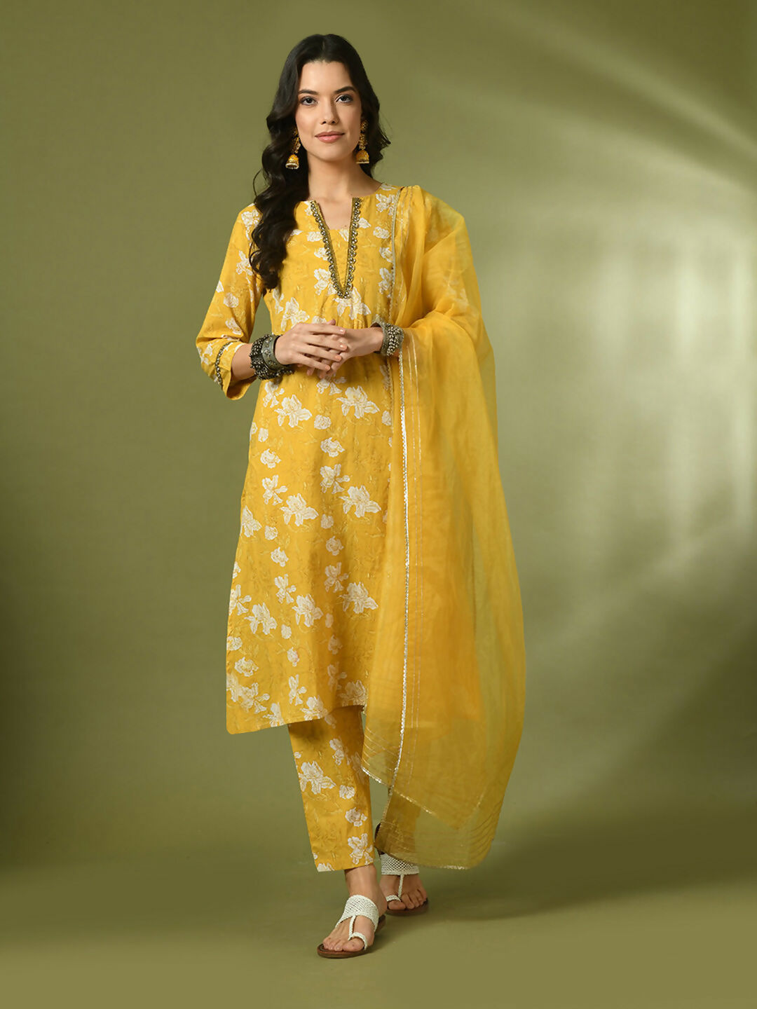 Myshka Women's Yellow Printed Cotton Straight Party Kurta Set With Dupatta | Grocsy