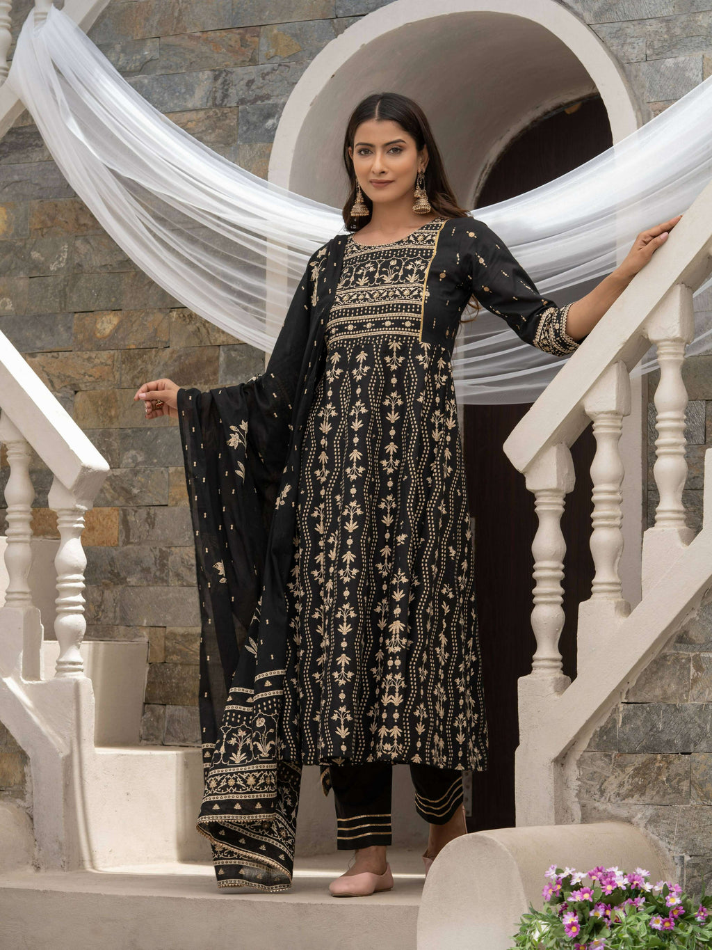 Black Cotton Cambric Printed with Sequins work Anarkali Kurta with Pant & Dupatta - Akashara | Grocsy