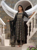 Black Cotton Cambric Printed with Sequins work Anarkali Kurta with Pant & Dupatta - Akashara | Grocsy