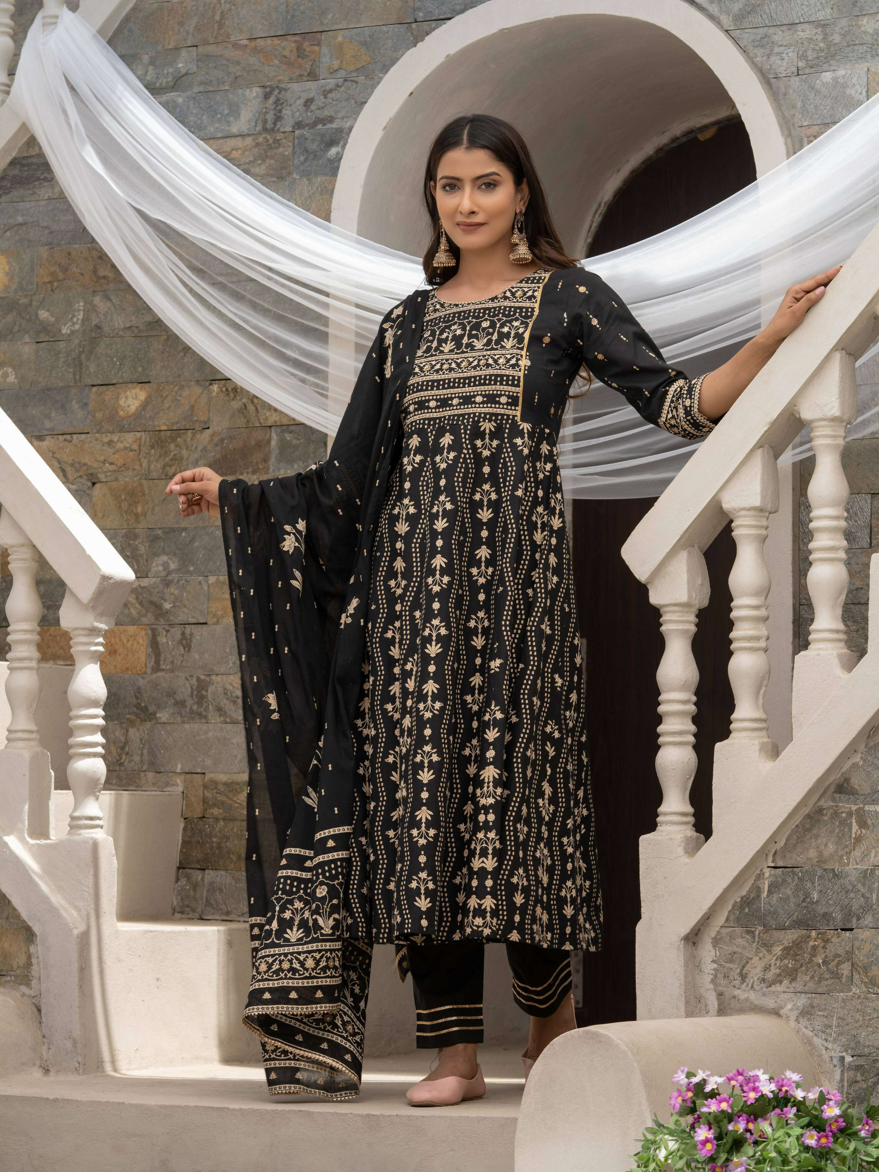 Black Cotton Cambric Printed with Sequins work Anarkali Kurta with Pant & Dupatta - Akashara | Grocsy