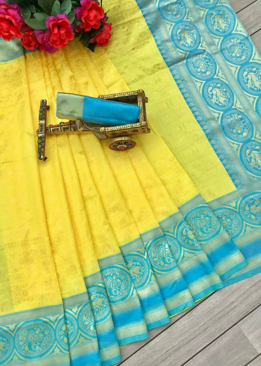 DEIANA'S Beautiful Designer Golden zari Soft Lichi Silk Saree - Yellow | Grocsy