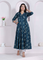Miravan Womens Blue Ethnic Motifs Printed V-Neck Cotton Angrakha Kurta | Grocsy