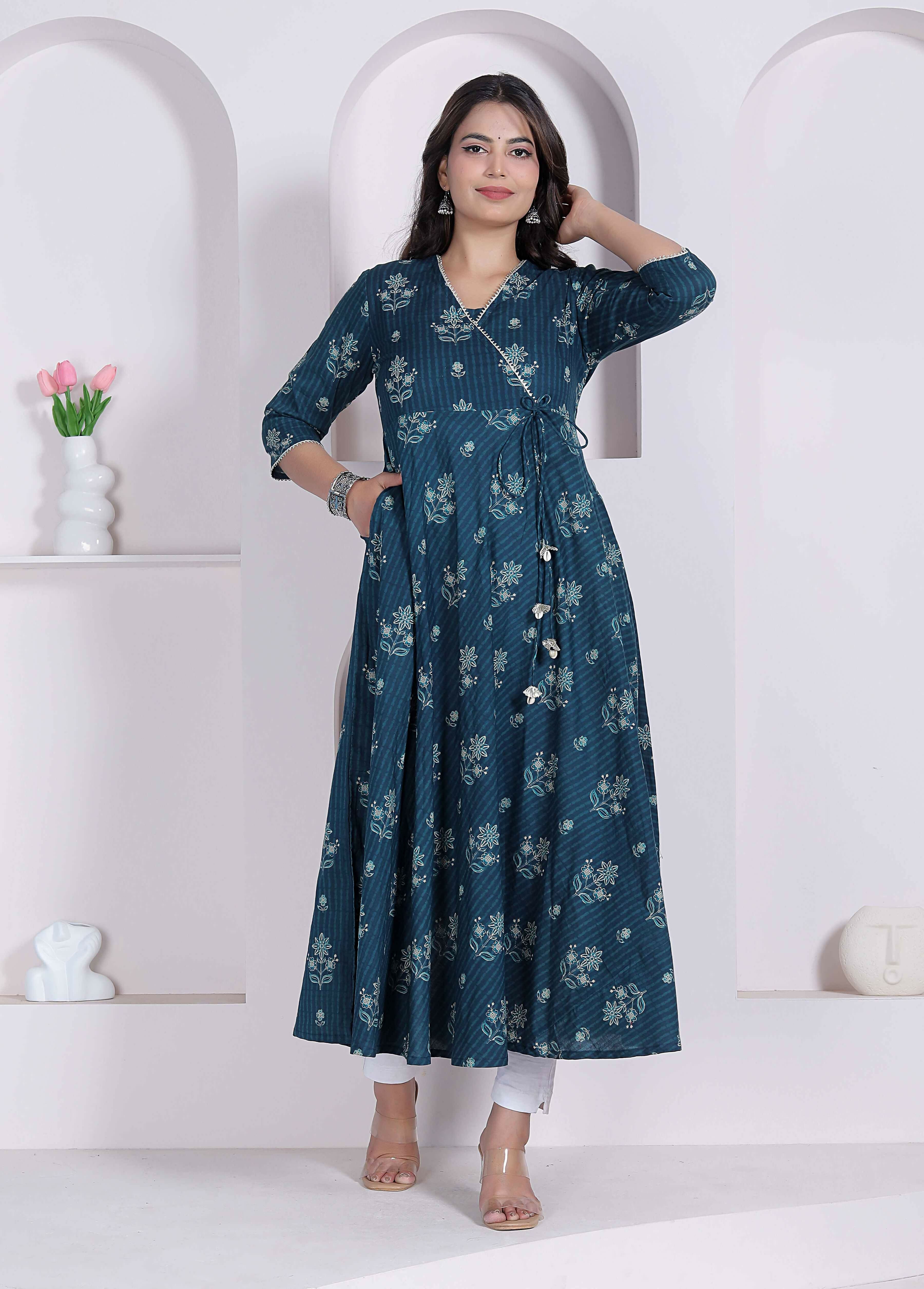 Miravan Womens Blue Ethnic Motifs Printed V-Neck Cotton Angrakha Kurta | Grocsy