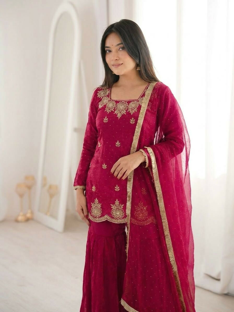 Teeya Creation Womens New Fancy Embroidery Sequence Work With Zarkan Diamond Work Pink Kurta Set | Grocsy