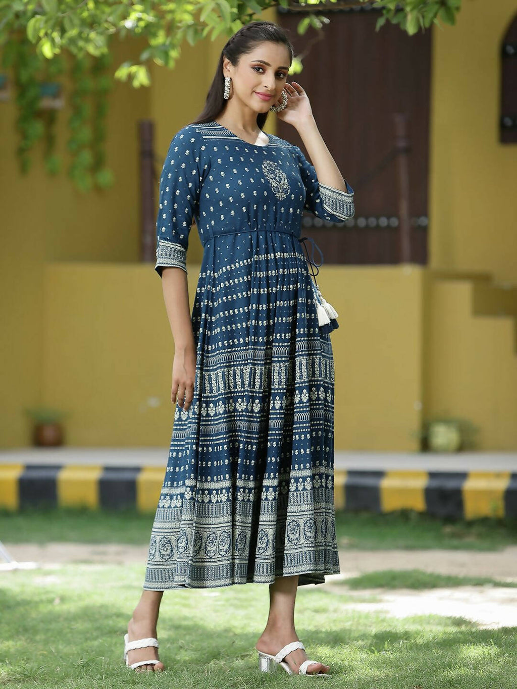Juniper Blue Rayon Festive Printed Flared Dress For Women | Grocsy