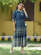 Juniper Blue Rayon Festive Printed Flared Dress For Women | Grocsy