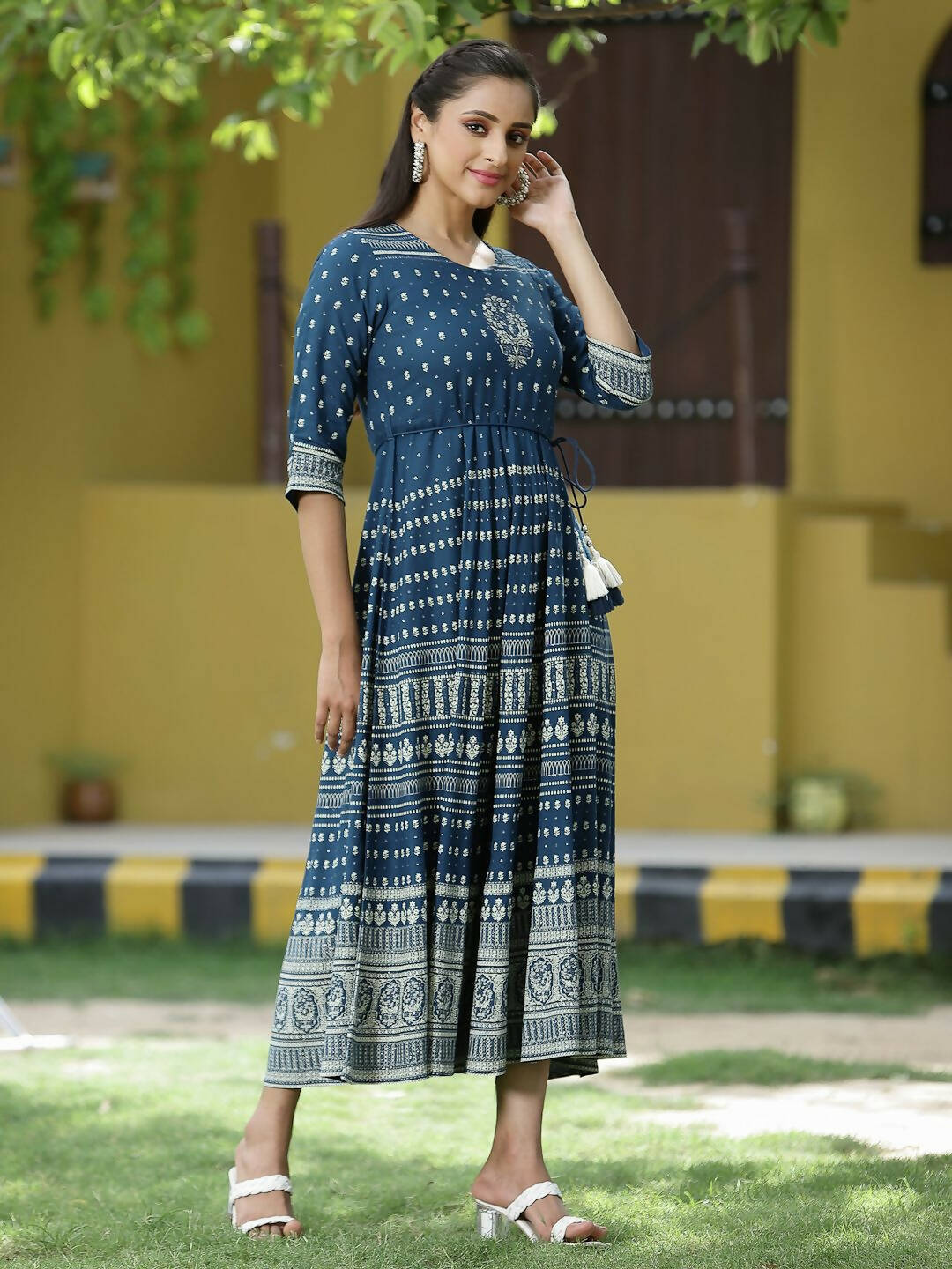 Juniper Blue Rayon Festive Printed Flared Dress For Women | Grocsy