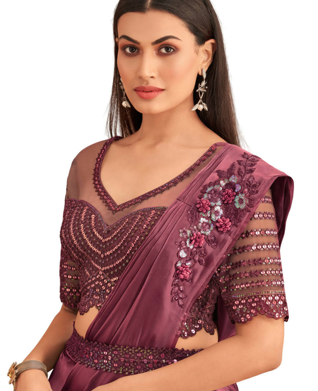 Wine Satin Embroidered Ready To Wear Saree With Unstitched Blouse Piece - Nandika | Grocsy