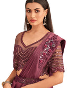Wine Satin Embroidered Ready To Wear Saree With Unstitched Blouse Piece - Nandika | Grocsy