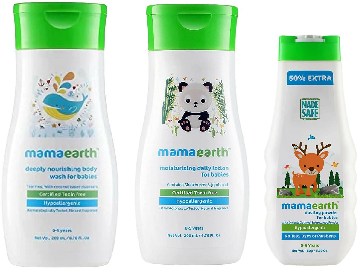 Mamaearth Daily Moisturizing Lotion & Dusting Powder & Deeply Nourishing wash for Babies | Grocsy