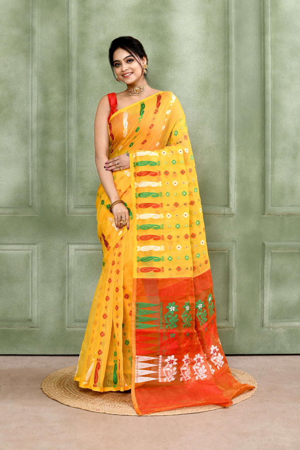 Piyari Fashion Women's Yellow Embellished Cotton Blend Jamdani Saree | Grocsy
