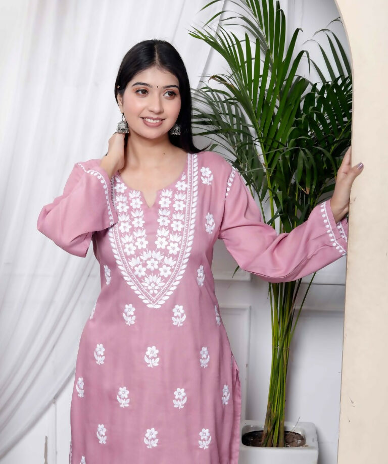 Miravan Women's Chikankari Embroidery Pink Straight Kurta & Palazzo Set | Grocsy