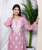 Miravan Women's Chikankari Embroidery Pink Straight Kurta & Palazzo Set | Grocsy