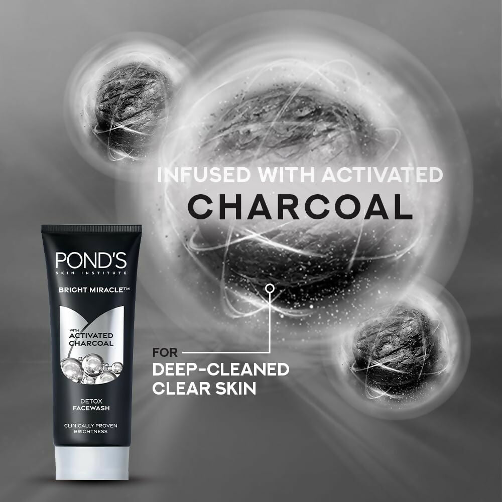 Ponds Bright Miracle Detox Facewash 10X Power of Activated Charcoal For Deep Cleaned Skin, Reveals Glow | Grocsy