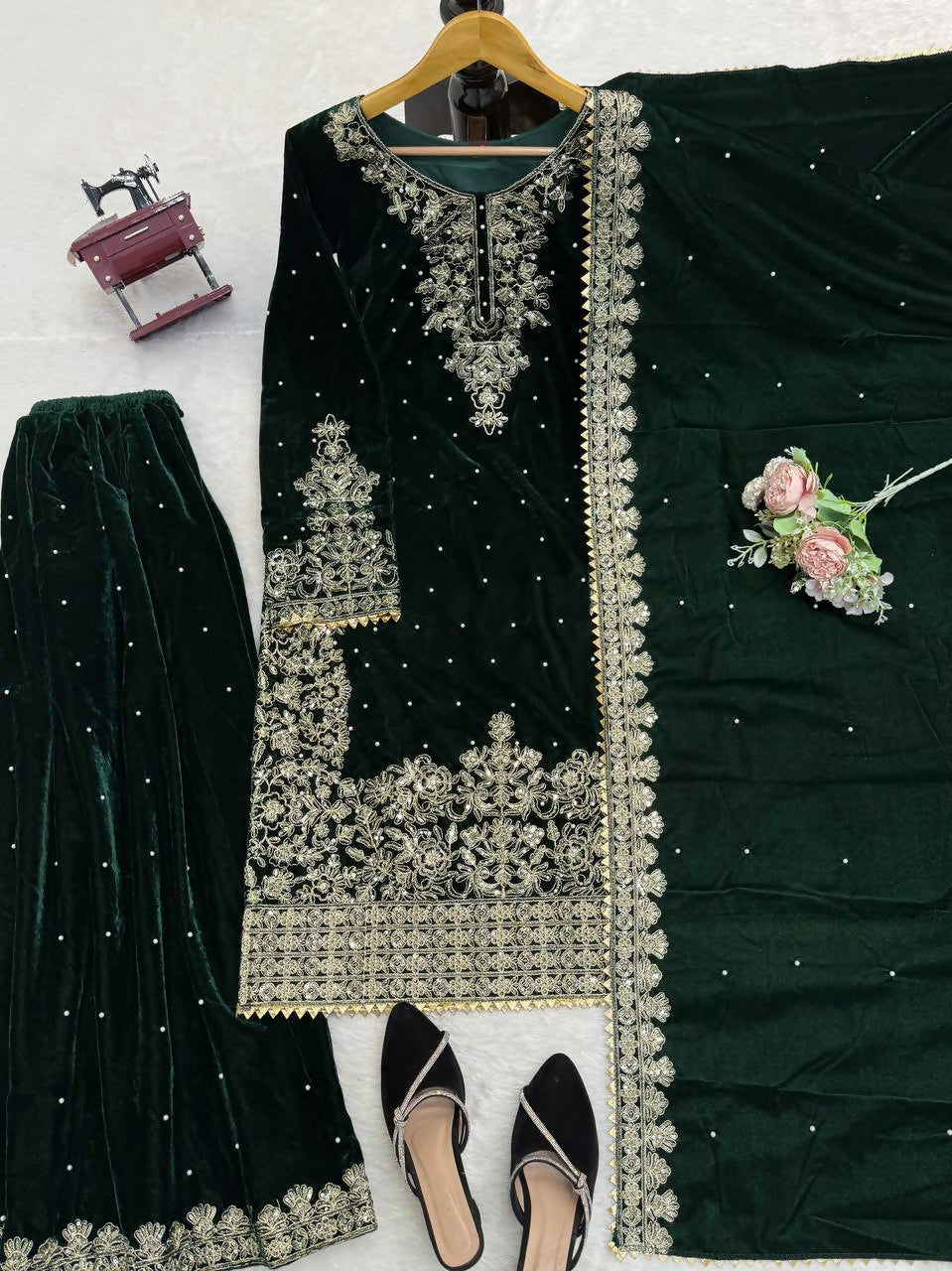 Vastranavya Green Viscose Velvet Cording Sequence With Moti Work Top-Bottom With Dupatta | Grocsy