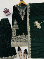 Vastranavya Green Viscose Velvet Cording Sequence With Moti Work Top-Bottom With Dupatta | Grocsy