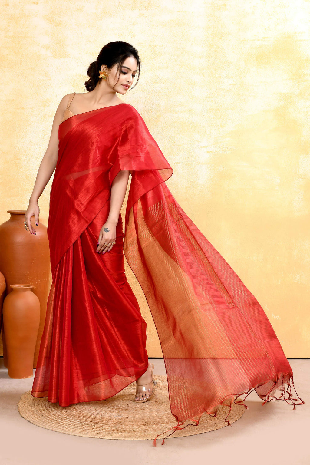 Piyari Fashion Women's Red Dual Tone Organic Tissue Saree With Blouse Piece | Grocsy
