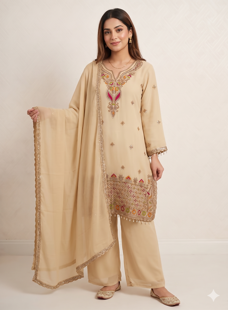 Teeya Creation Designer Beige Festive Palazzo Suit Set with Heavy Embroidery | Grocsy