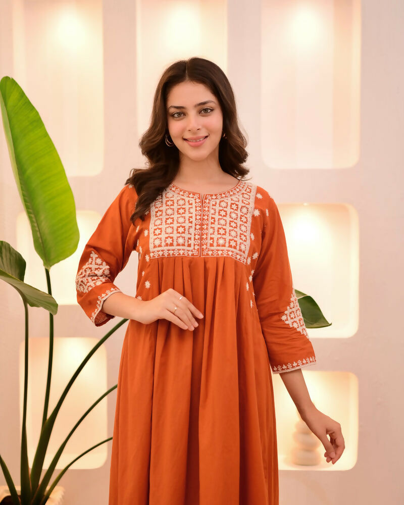 The52 Women's Beautiful Viscose Rayon Fabric Thread Work Flared Kurta Pant Set | Grocsy