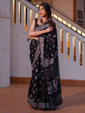 Zibaa Hand-Blocked Pure Mul Cotton Black Saree | Grocsy