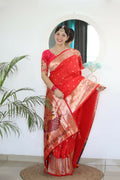 Red Woven Jacquard Designer Embroidery Work Party Wear Saree - Parampara | Grocsy