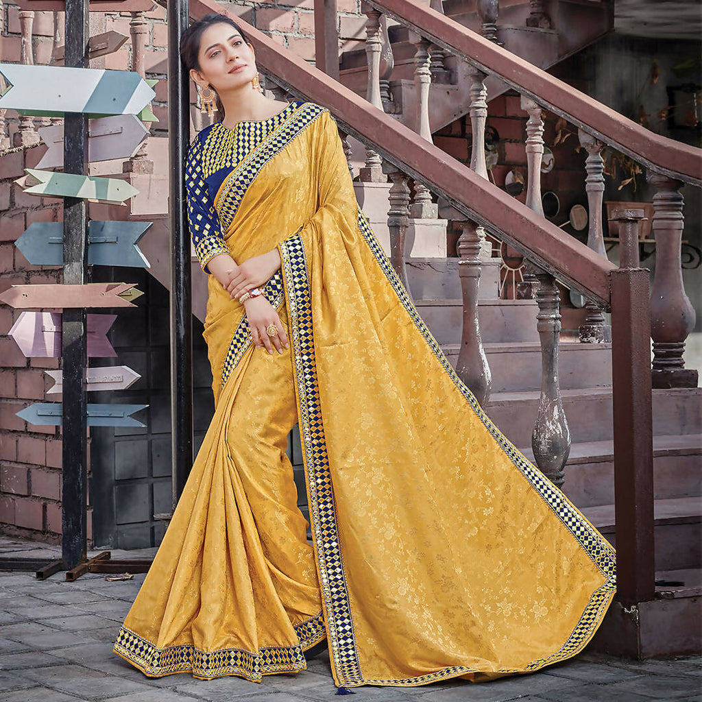 Yellow Colored Jacquard Silk Embroidered Saree With Blouse - Norita Royal Adveka | Grocsy