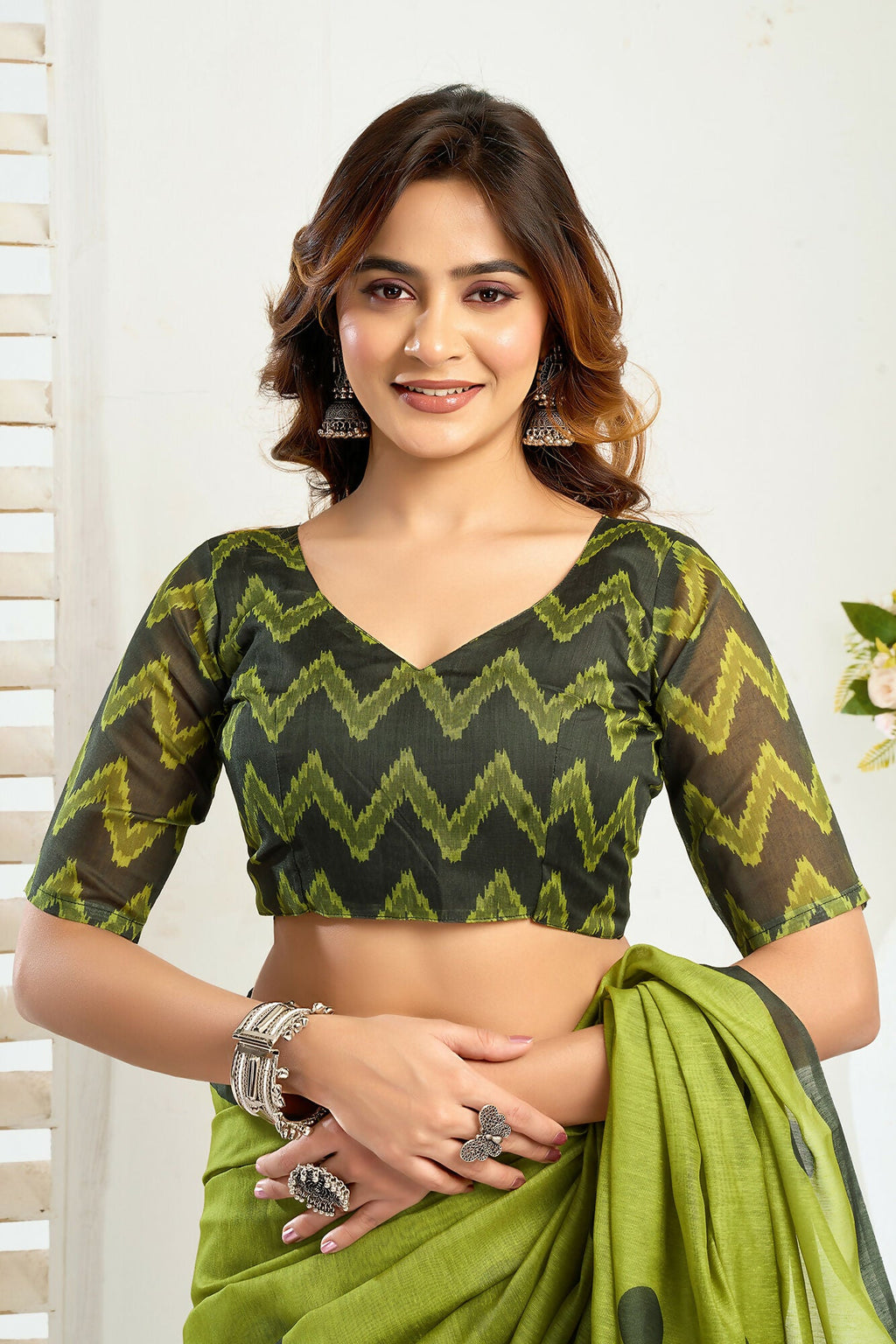 Vastranavya Olive Digital Printed Linen Ready To Wear Designer Saree with Unstitched Blouse | Grocsy