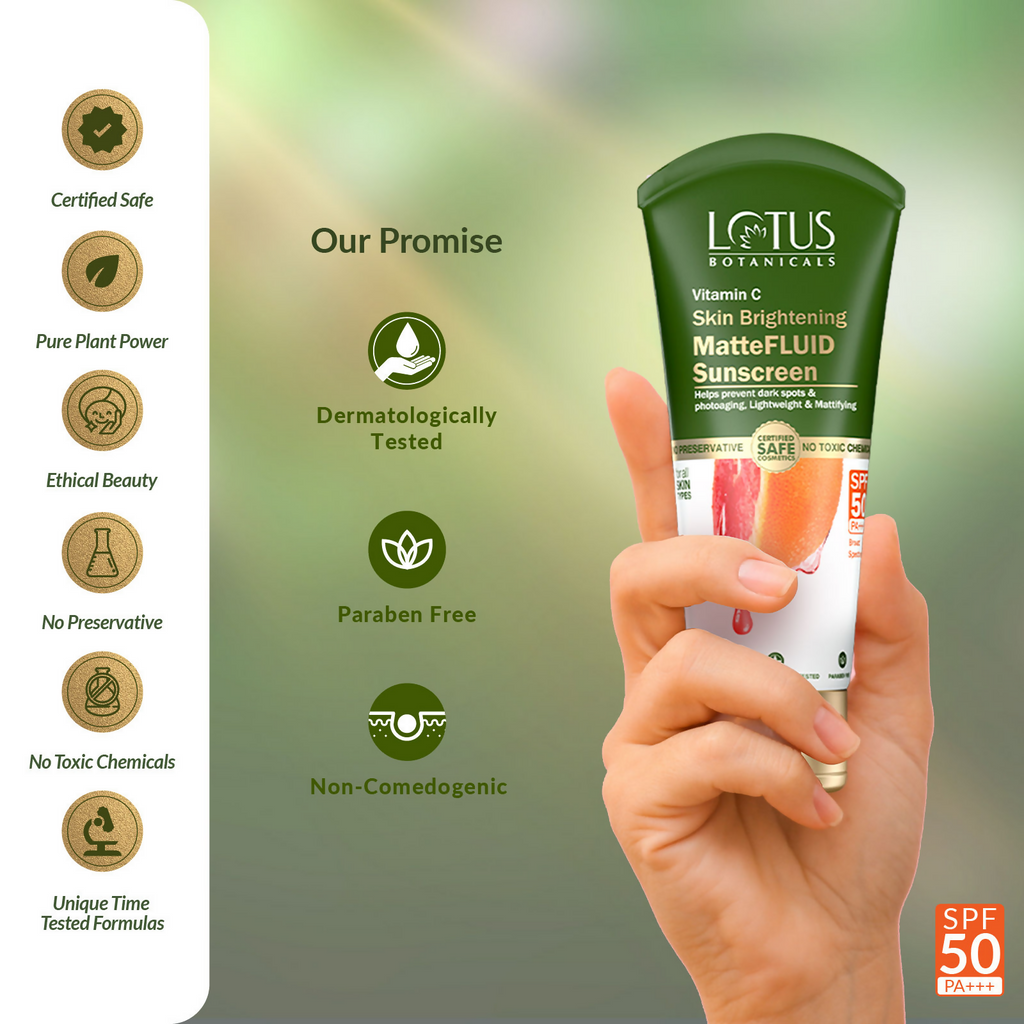 Lotus Botanicals 100x Vitamin C Matte Fluid Sunscreen, Sun Protect & Skin Brightening, SPF 50, PA+++ | Grocsy