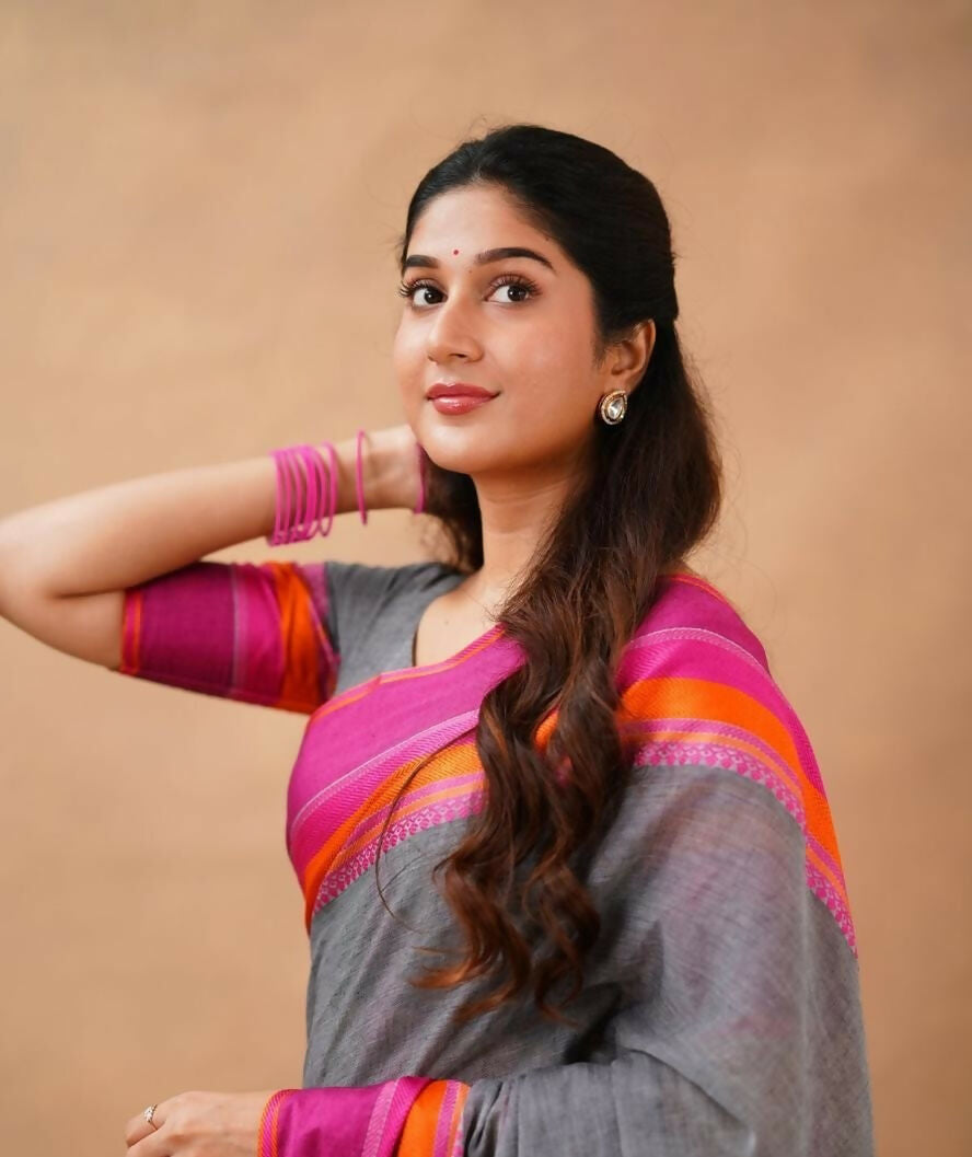 Exclusive Collection Grey Beautiful Khadi Cotton Handloom Saree | Grocsy