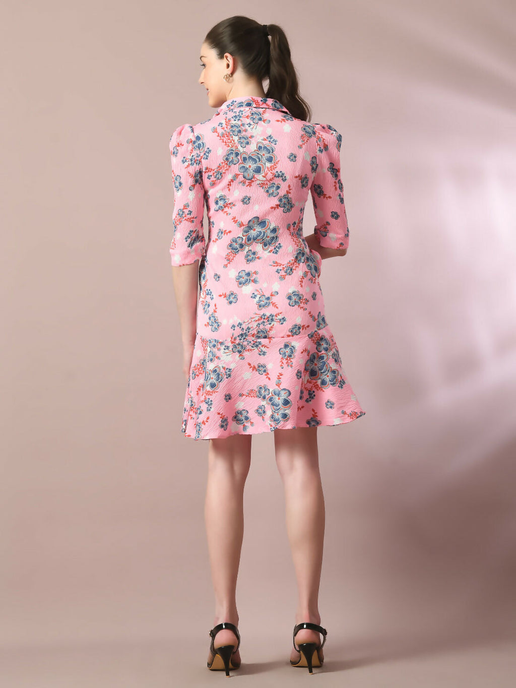 Myshka Women's Pink Printed Shirt Collar Fit and Flare Party Dress | Grocsy