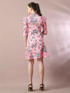 Myshka Women's Pink Printed Shirt Collar Fit and Flare Party Dress | Grocsy