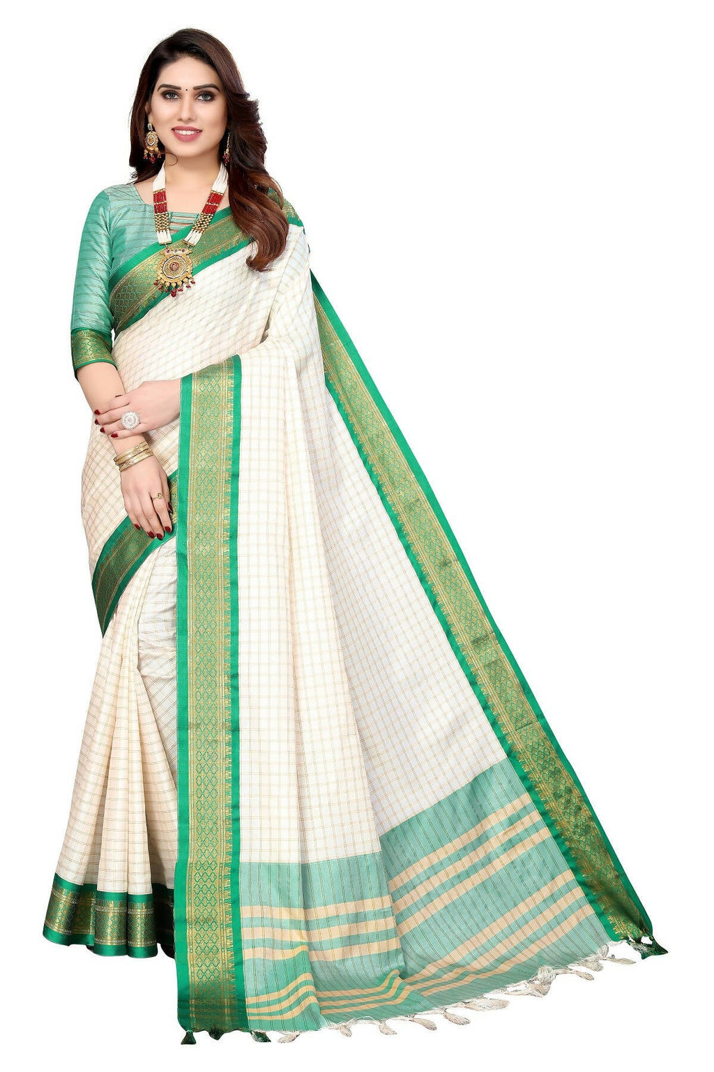 Vamika Weaving White Cotton Silk Saree (DEVAL GREEN) | Grocsy
