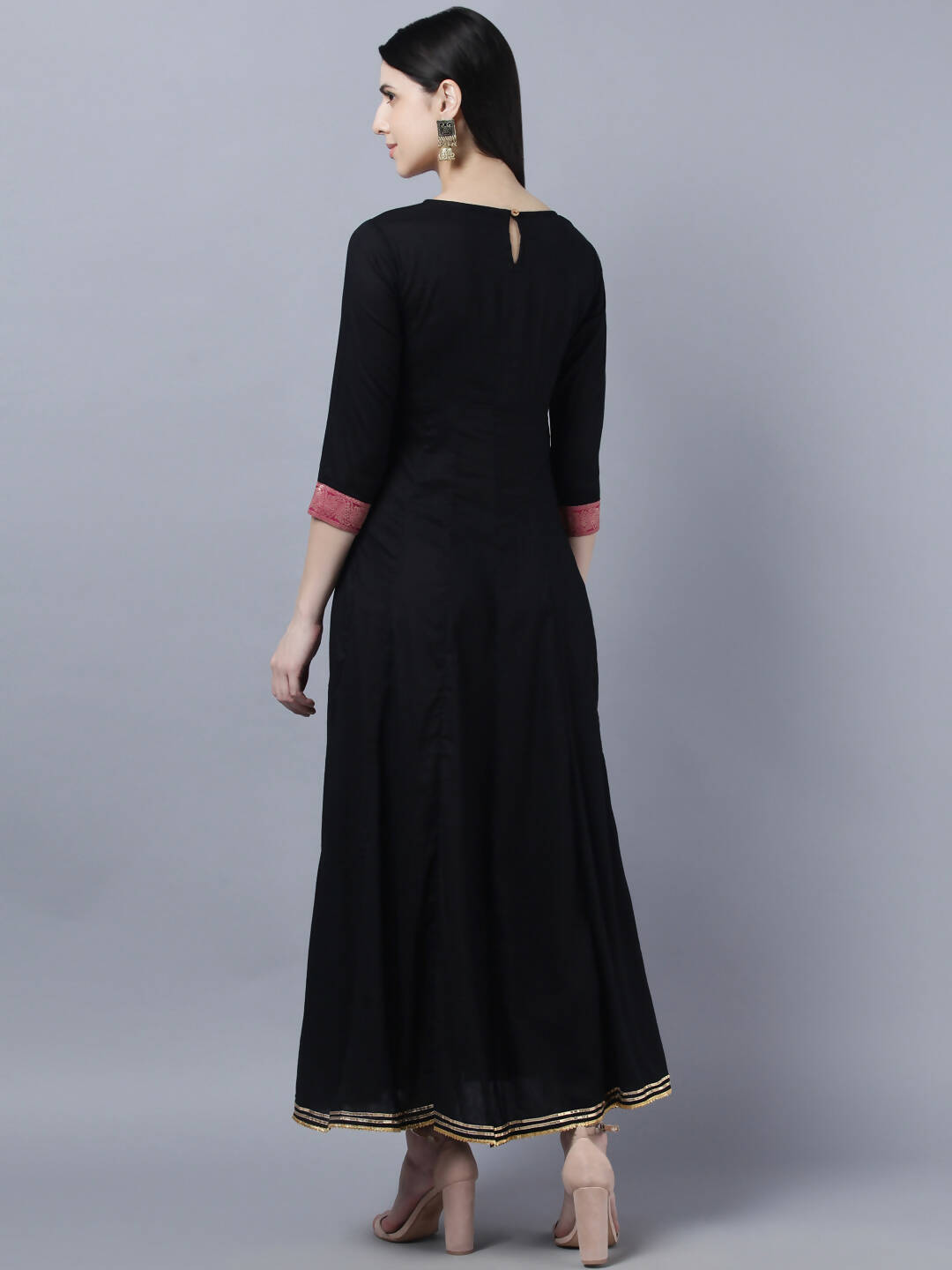 Myshka Women Black Peach-Coloured Colourblocked Cotton Anarkali Kurta | Grocsy