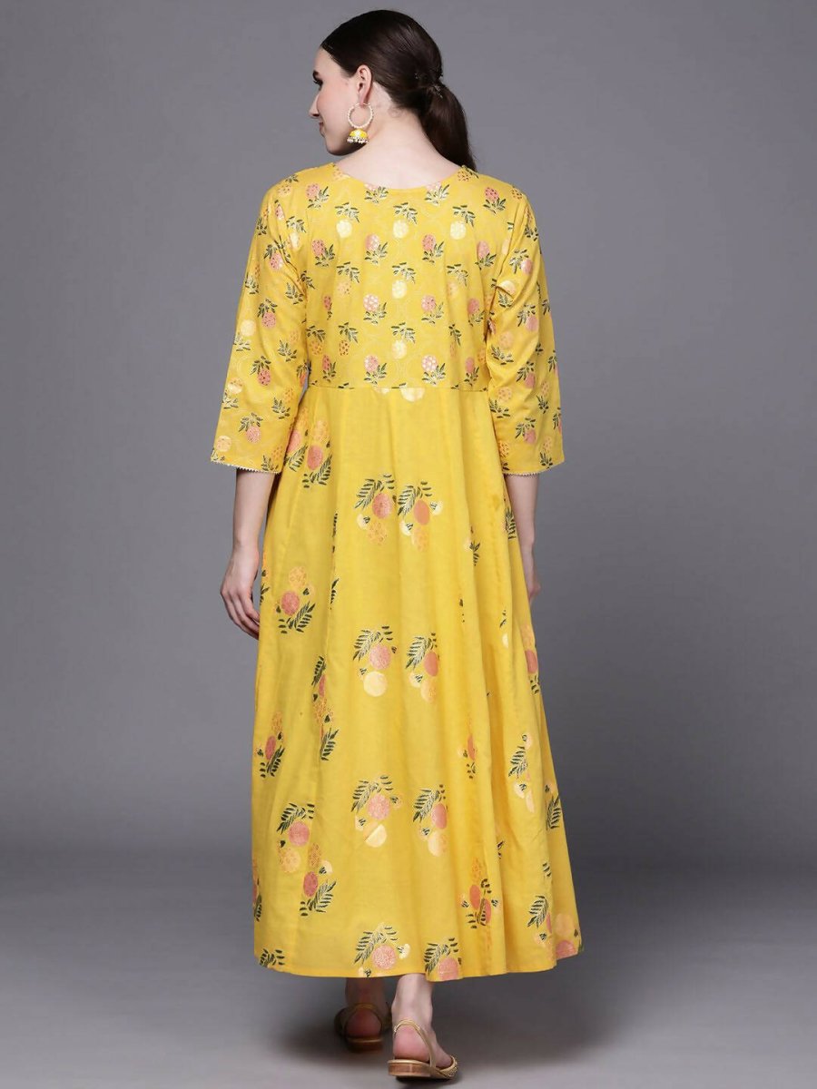 Ahalyaa Women Yellow Floral Fit & Flare Maxi Ethnic Dress | Grocsy