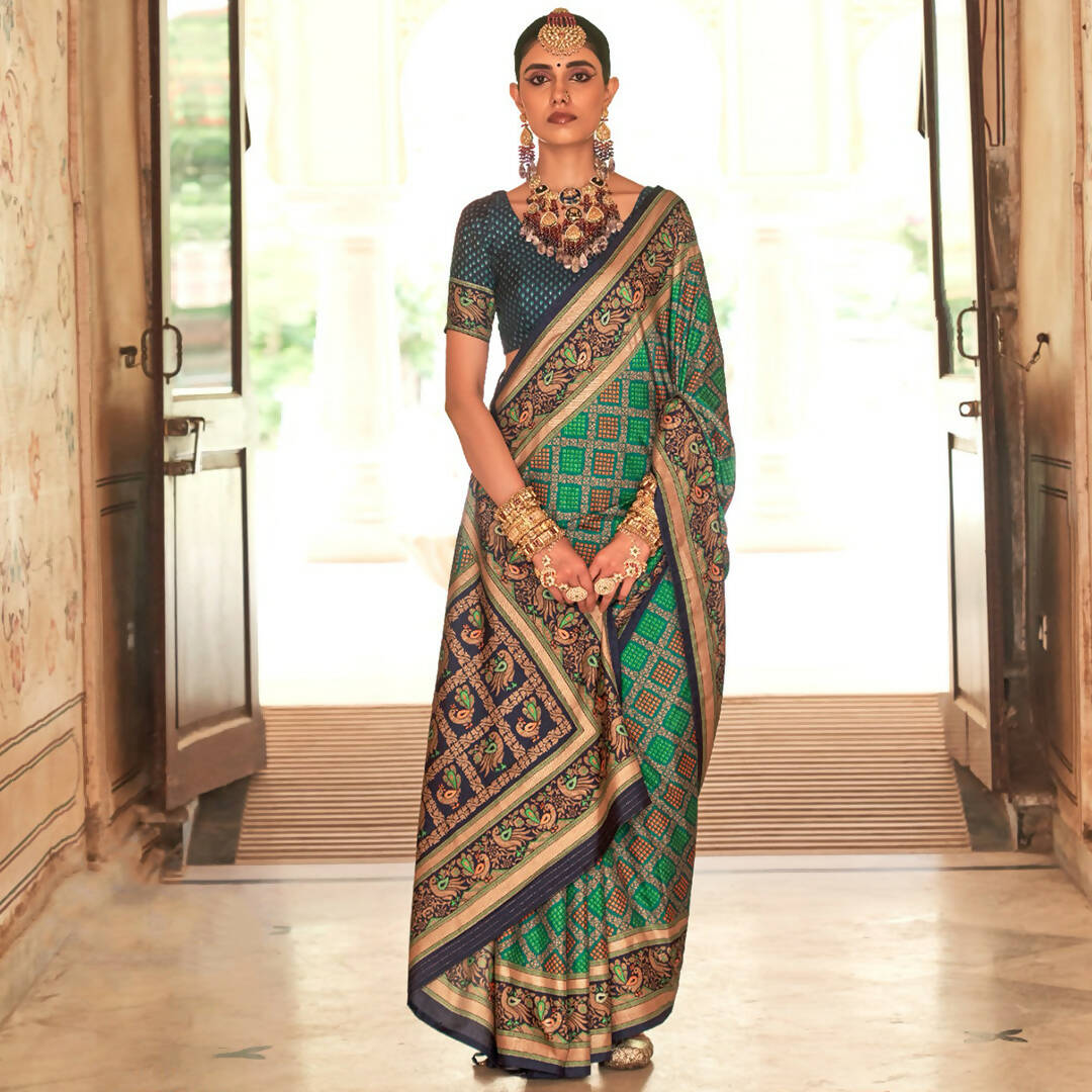 Light Green Silk With Banarasi Print Work Saree - Trirath Yamuna | Grocsy