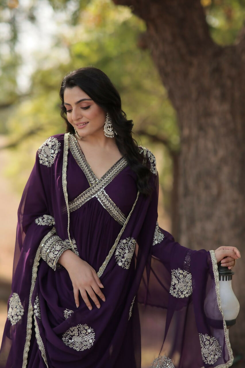 Vastranavya Faux Blooming with Embroidery Zari Sequins-work Gown with Dupatta - Purple | Grocsy