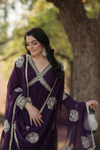 Vastranavya Faux Blooming with Embroidery Zari Sequins-work Gown with Dupatta - Purple | Grocsy