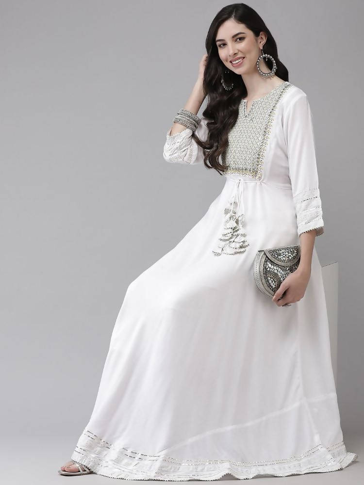 Yufta White Embroidered Ethnic Maxi Dress | Grocsy
