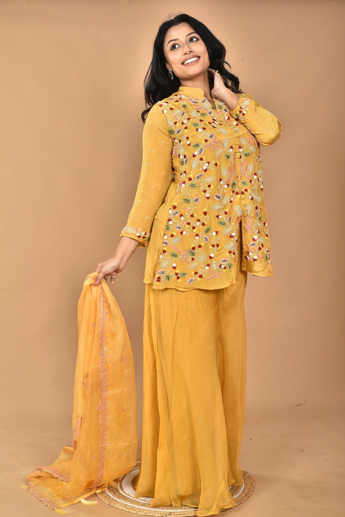 Morchari Women And Hand Embroidery Palazzo Set-Yellow | Grocsy
