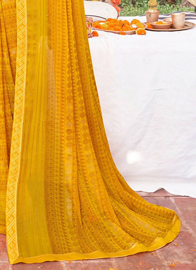 Mustard Georgette Foil Printed Saree with Unstitched Blouse Piece - Avika | Grocsy