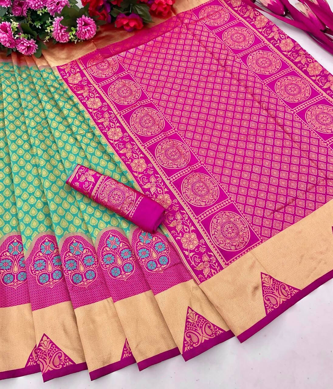 DEIANA'S Beautiful Designer Golden zari Soft Lichi Silk Saree - Bluue | Grocsy
