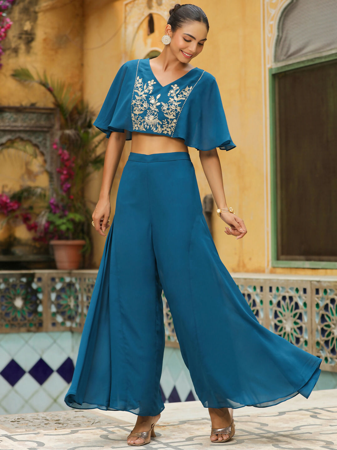 Janasya Teal Blue Georgette Yoke Embroidery Co-Ords | Grocsy