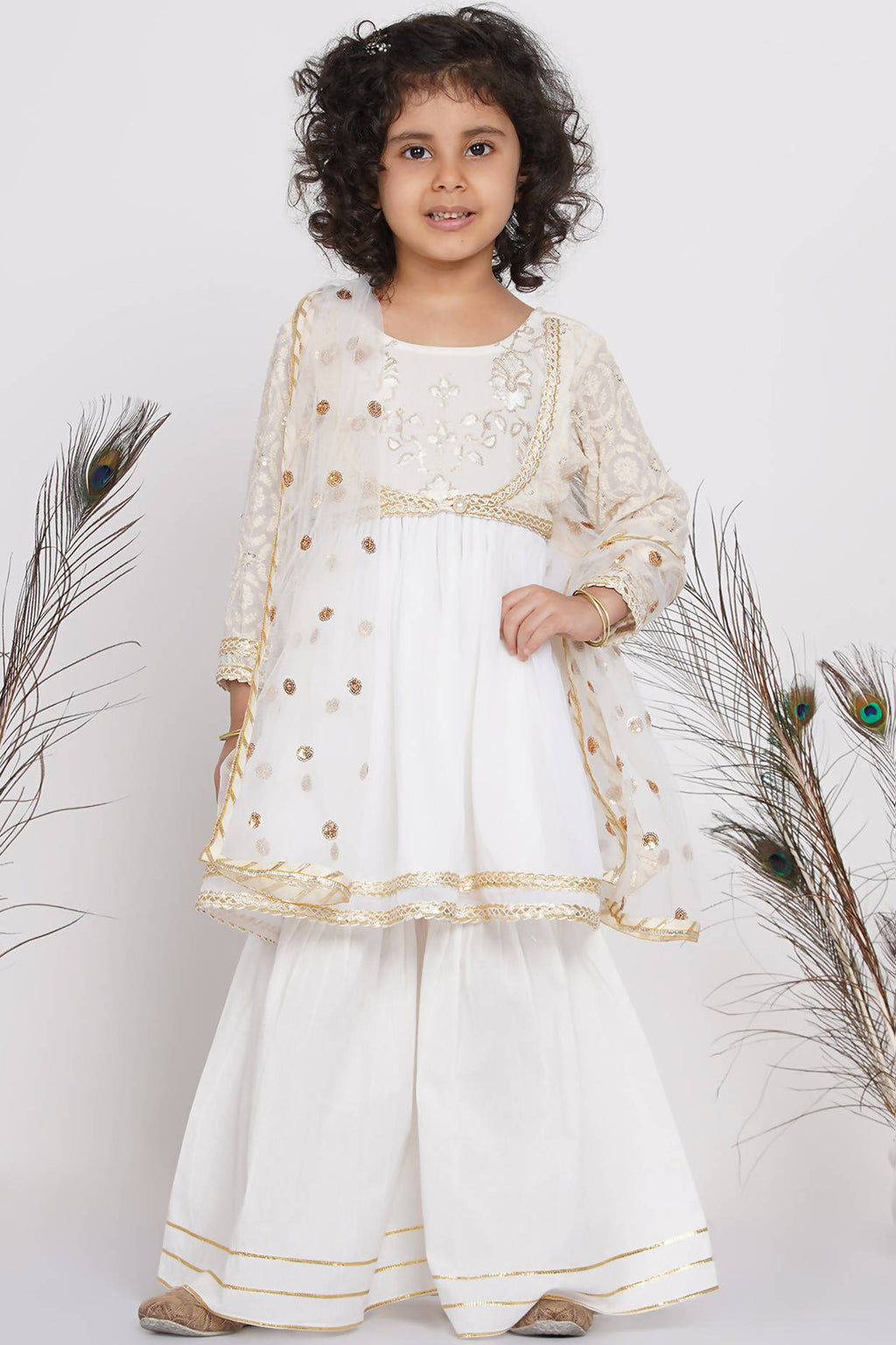 Little Bansi Girls Cotton Floral Embroidery Frock Kurta with Sharara & Dupatta - White | Grocsy